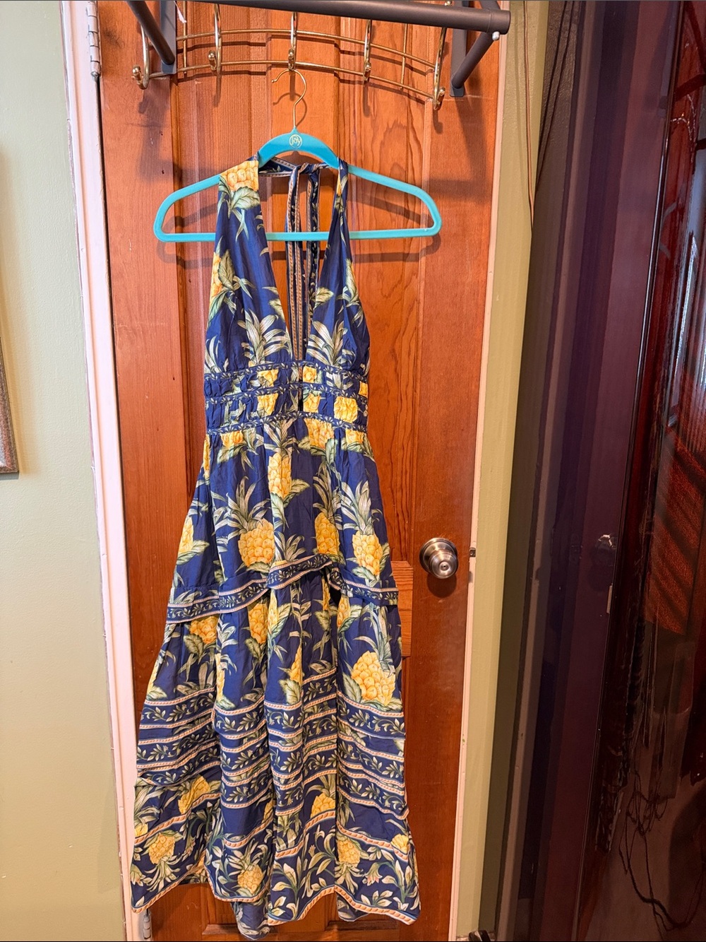 Women’s Navy and Yellow Pineapple Halter Maxi Dress